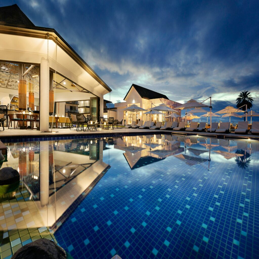 Resort pool at dusk